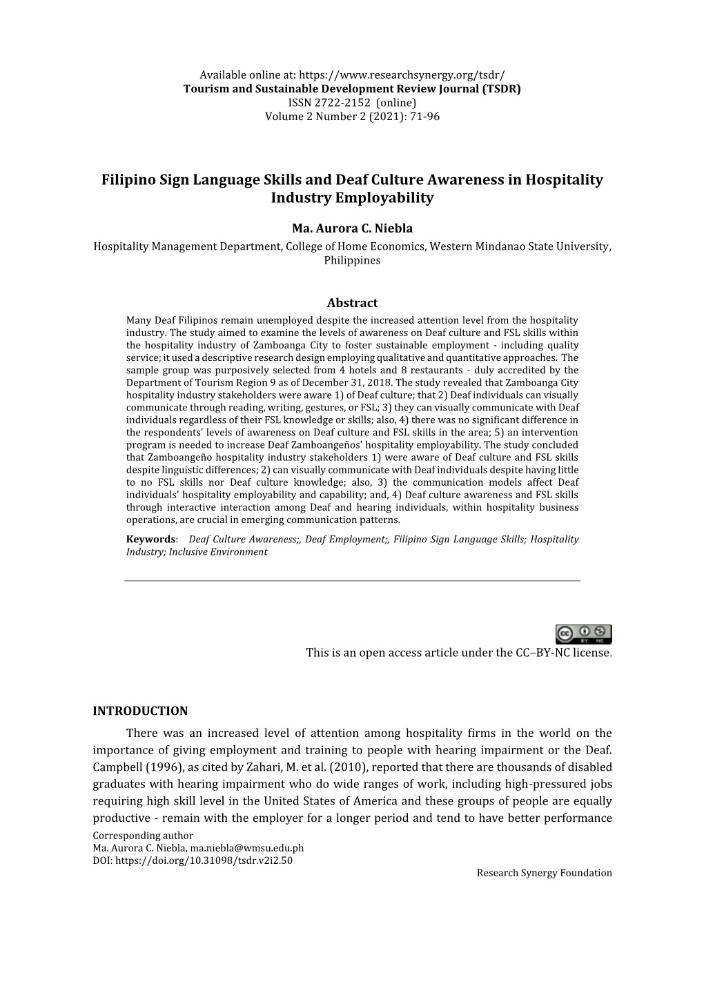 Filipino Sign Language Skills and Deaf Culture Awareness in Hospitality Industry Employability