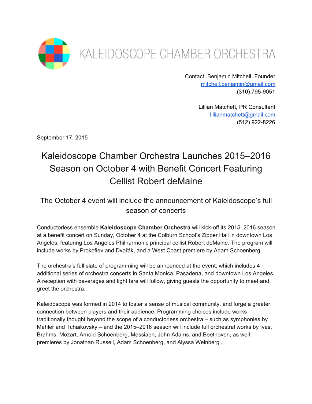 Kaleidoscope Chamber Orchestra Launches 2015–2016 Season on October 4 with Benefit Concert Featuring Cellist Robert Demaine