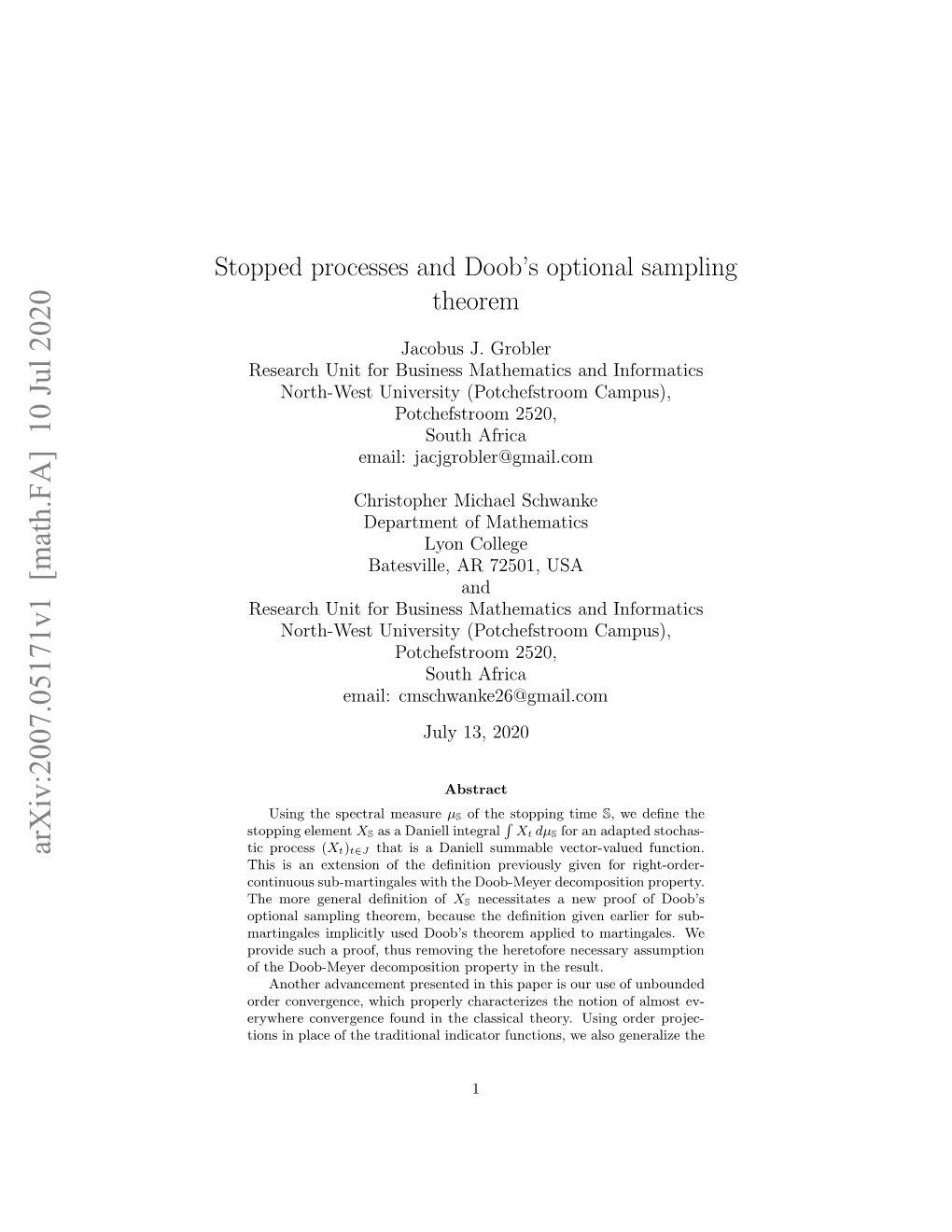 Stopped Processes and Doob's Optional Sampling Theorem