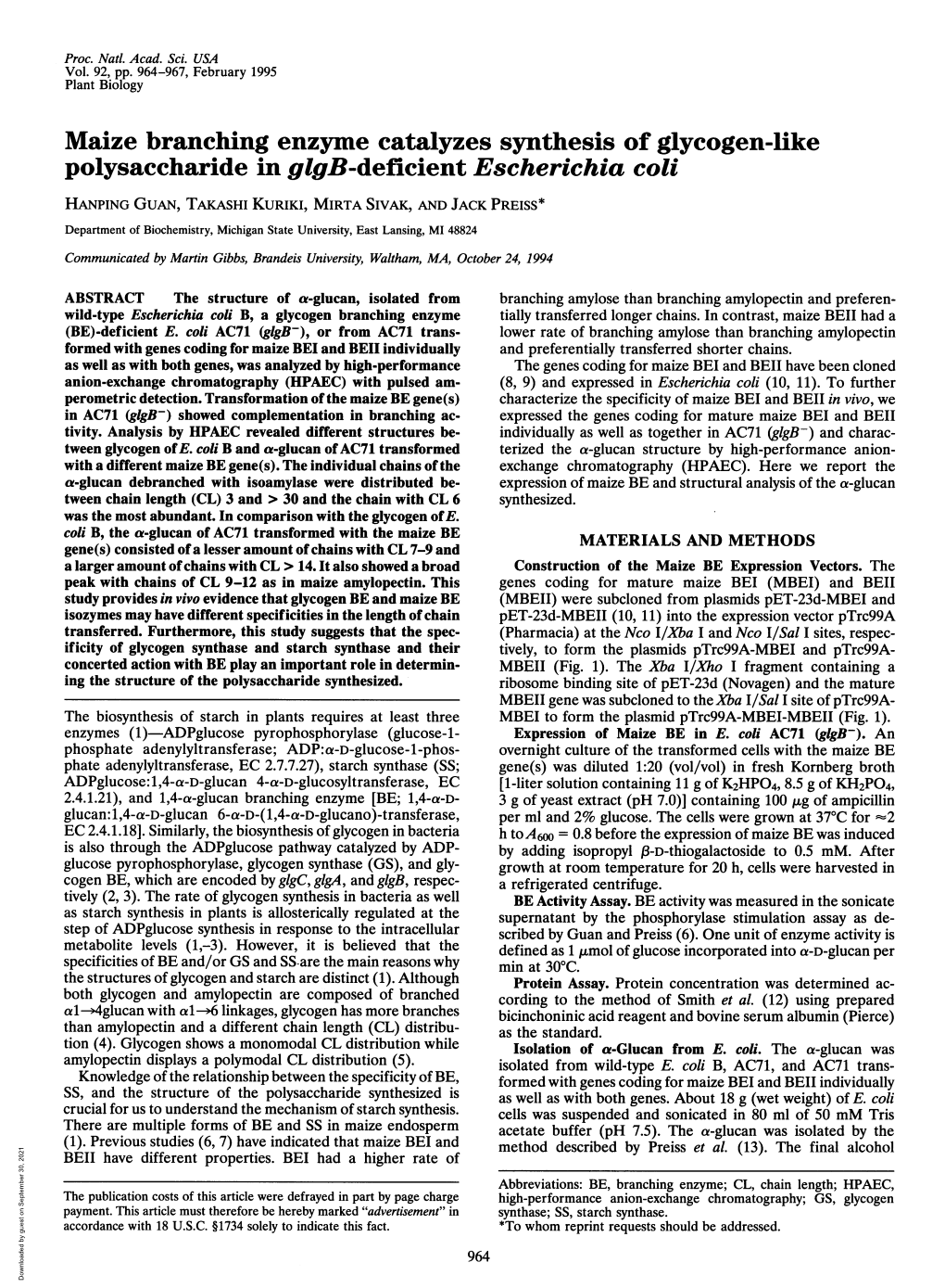 Maize Branching Enzyme Catalyzes Synthesis of Glycogen-Like