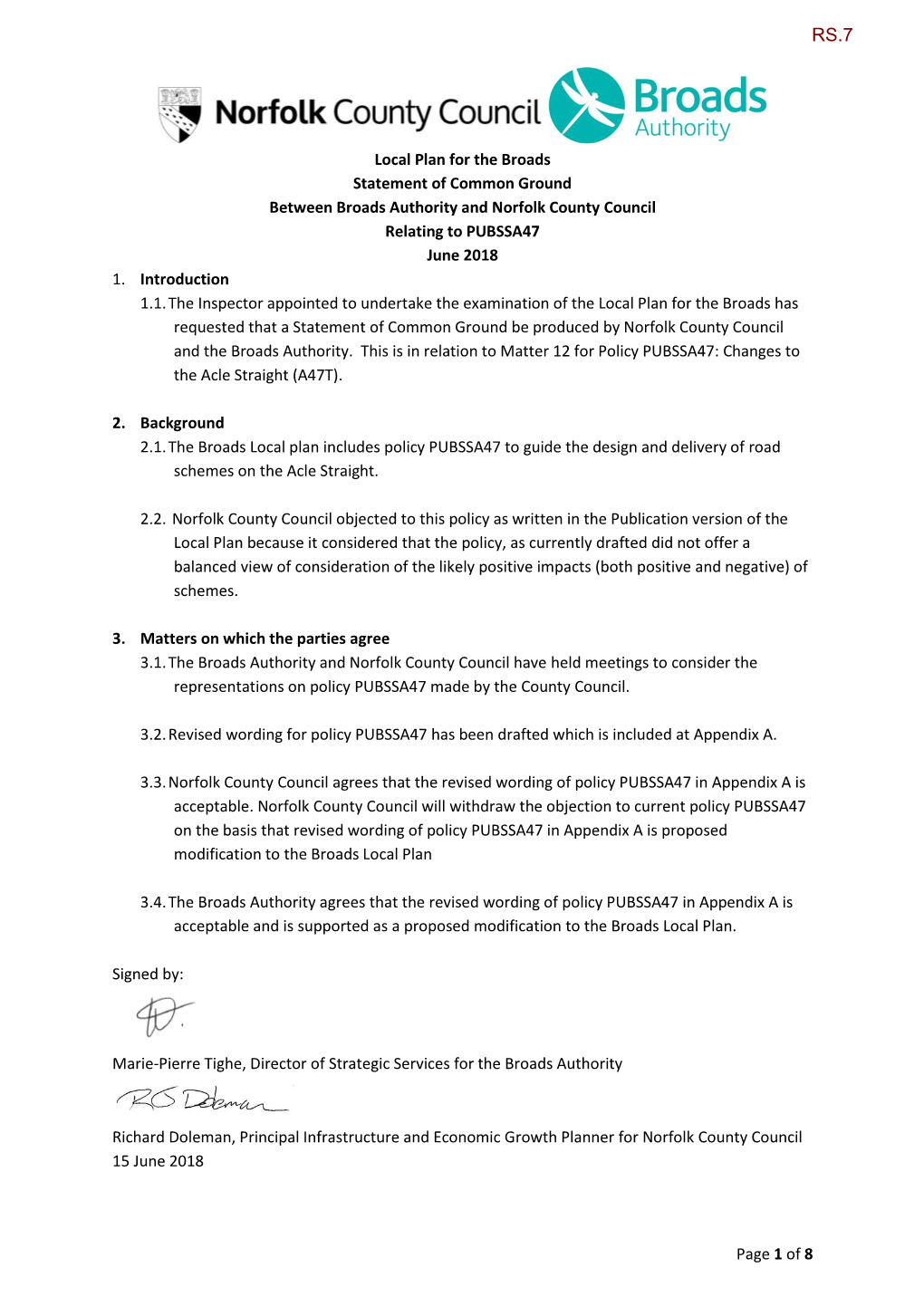 Page 1 of 8 Local Plan for the Broads Statement of Common Ground Between Broads Authority and Norfolk County Council Relating To