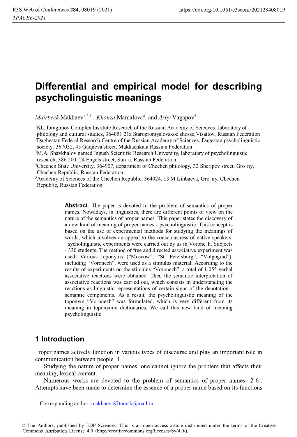 Differential and Empirical Model for Describing Psycholinguistic Meanings
