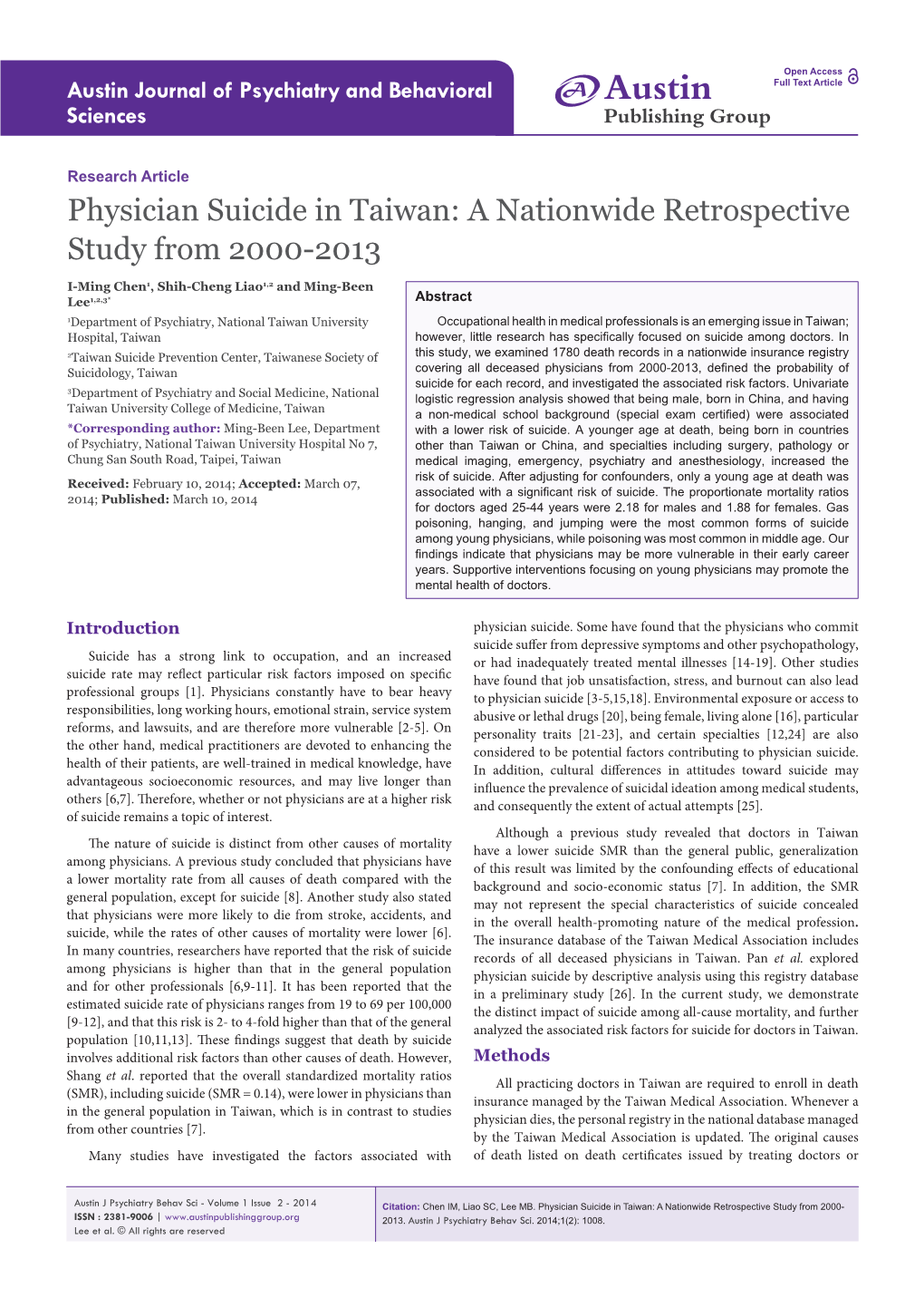 Physician Suicide in Taiwan: a Nationwide Retrospective Study from 2000-2013