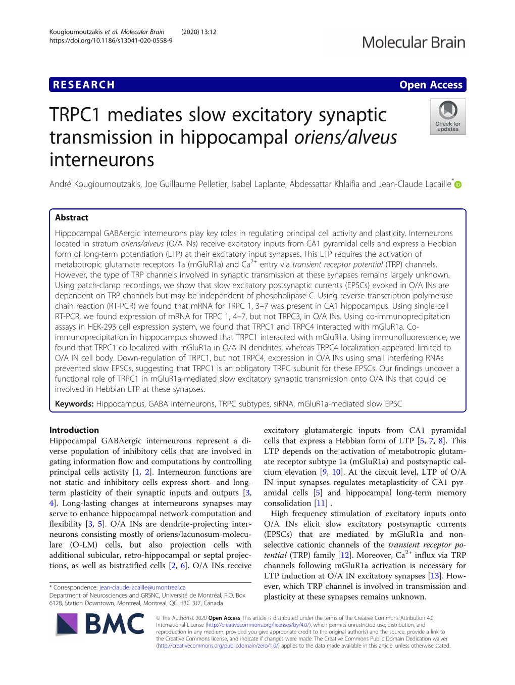 TRPC1 Mediates Slow Excitatory Synaptic Transmission In