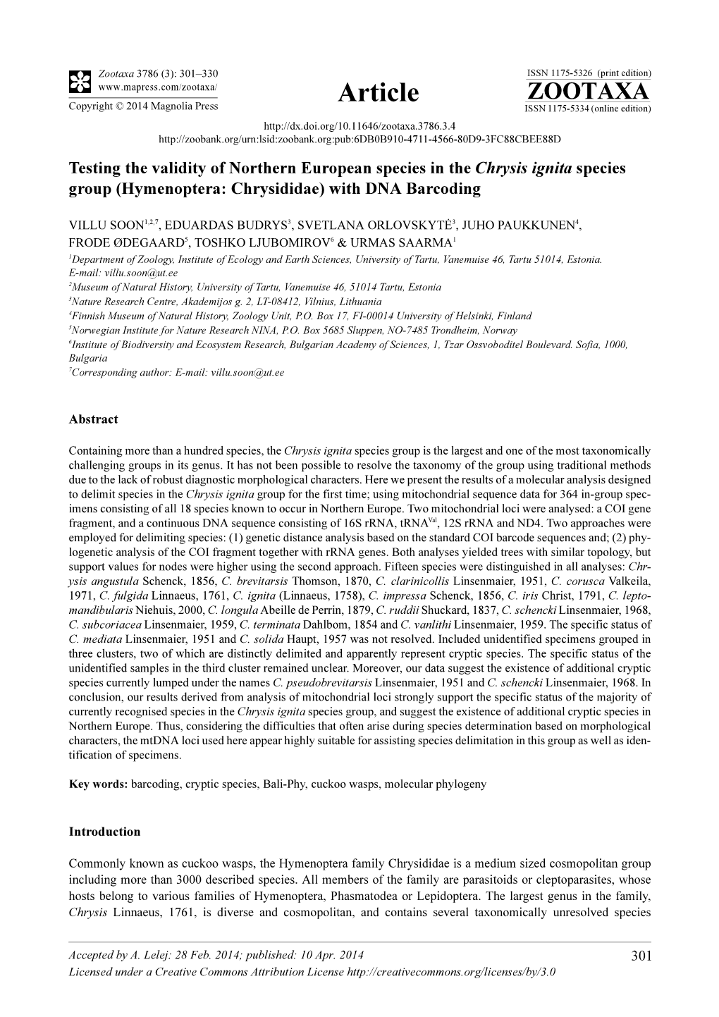 Testing the Validity of Northern European Species in the Chrysis Ignita Species Group (Hymenoptera: Chrysididae) with DNA Barcoding