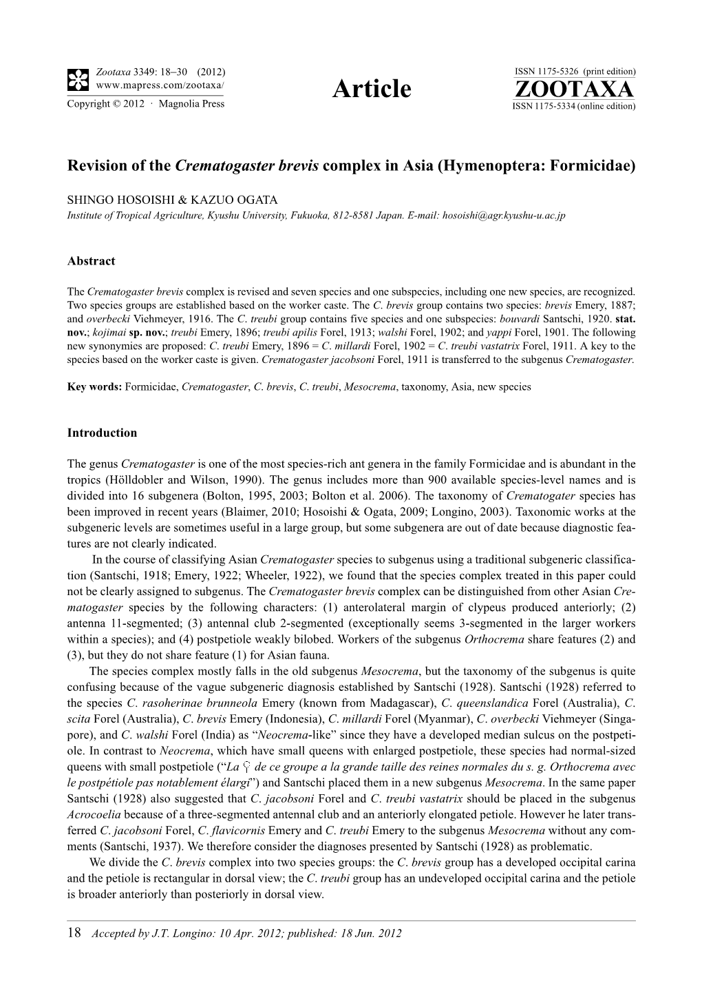 Revision of the Crematogaster Brevis Complex in Asia (Hymenoptera: Formicidae)