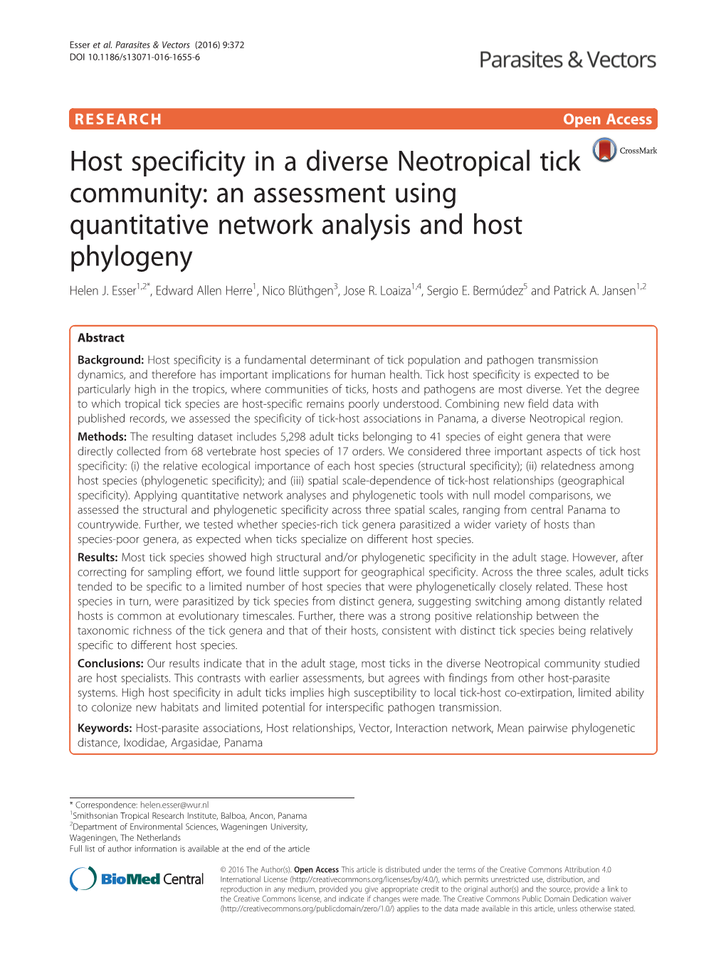Host Specificity in a Diverse Neotropical Tick Community: an Assessment Using Quantitative Network Analysis and Host Phylogeny Helen J