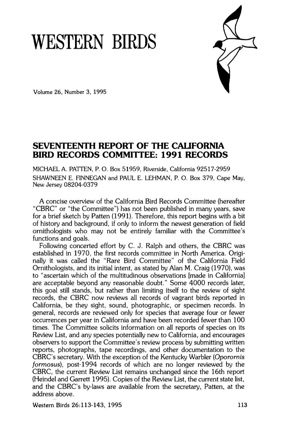 SEVENTEENTH REPORT of the California BIRD RECORDS COMMITTEE: 1991 RECORDS