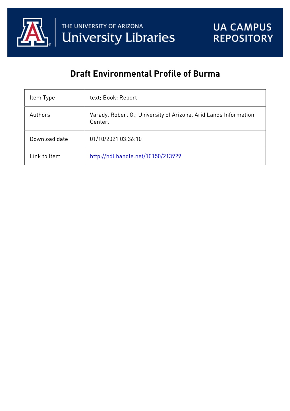DRAFT Environmental Profile Burma Prepared by the Arid Lands Information Center Office of Arid Lands Studies University of Arizo