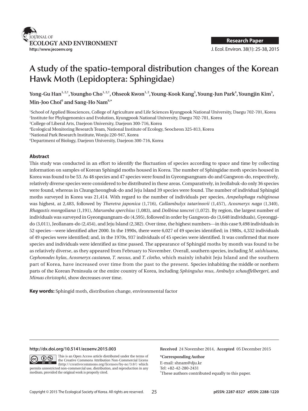 A Study of the Spatio-Temporal Distribution Changes of the Korean Hawk Moth (Lepidoptera: Sphingidae)