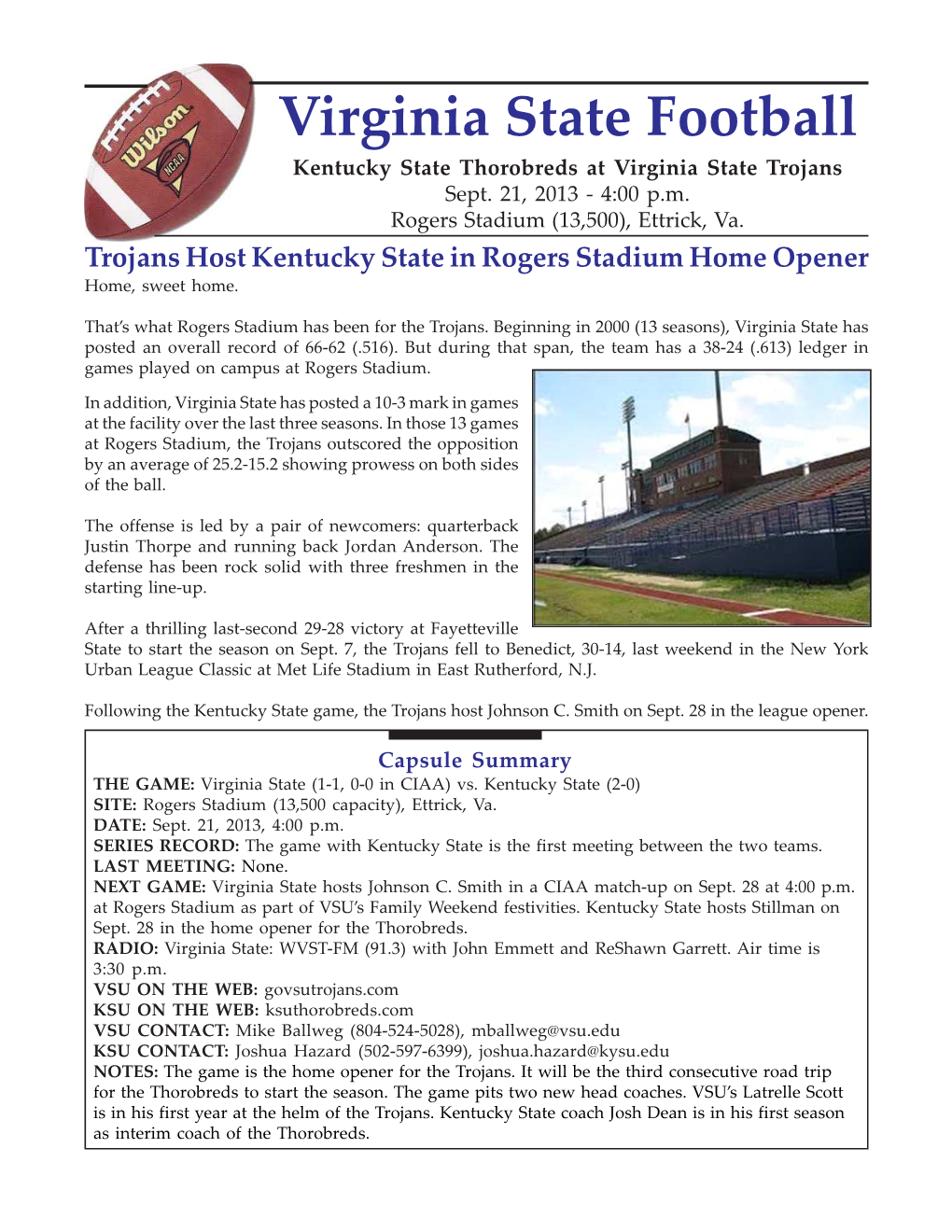 Virginia State Football Kentucky State Thorobreds at Virginia State Trojans Sept