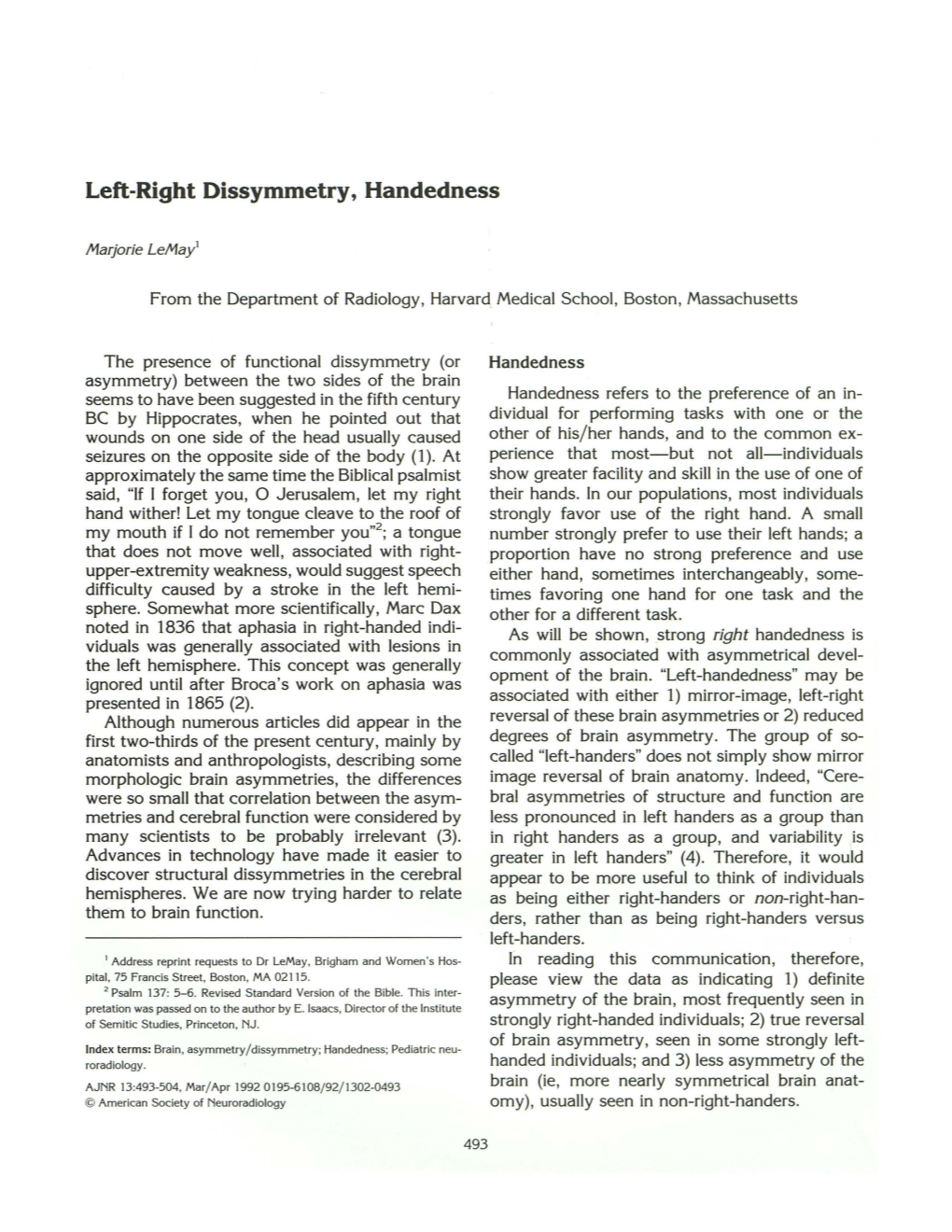 Left-Right Dissymmetry, Handedness