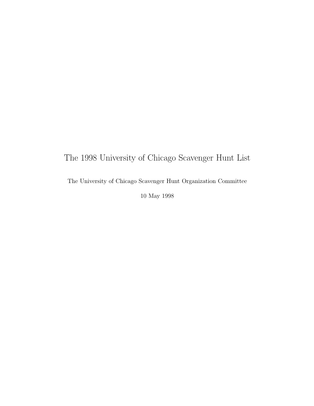 The 1998 University of Chicago Scavenger Hunt List