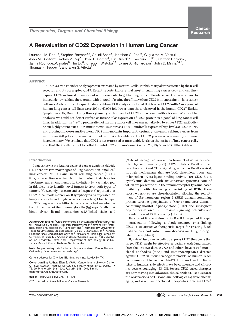 A Reevaluation of CD22 Expression in Human Lung Cancer