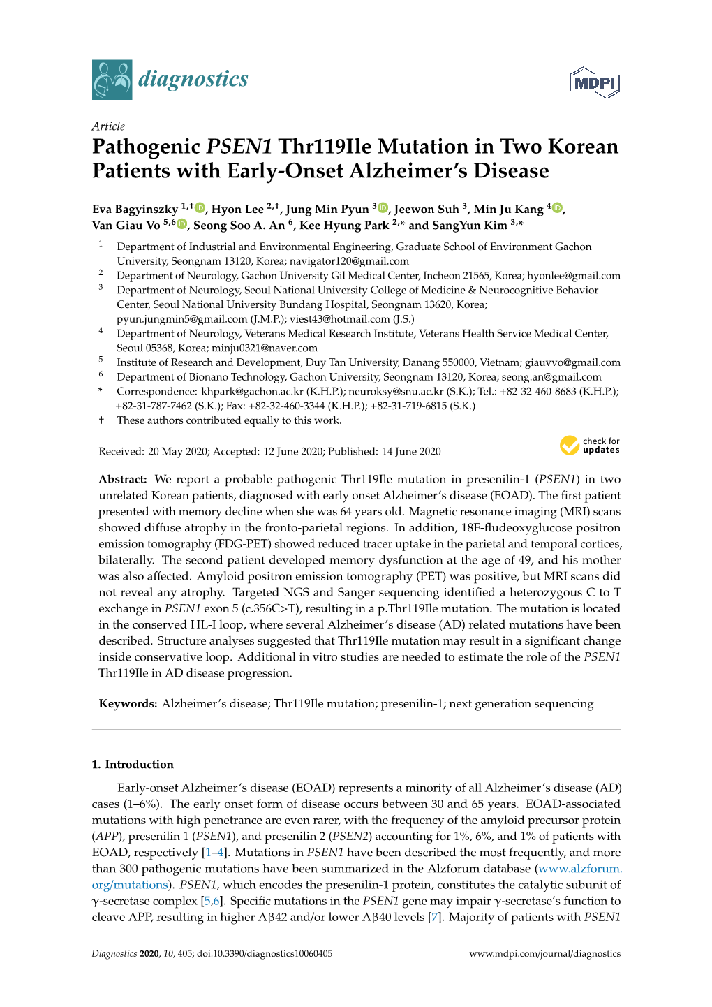Pathogenic PSEN1 Thr119ile Mutation in Two Korean Patients with Early-Onset Alzheimer’S Disease