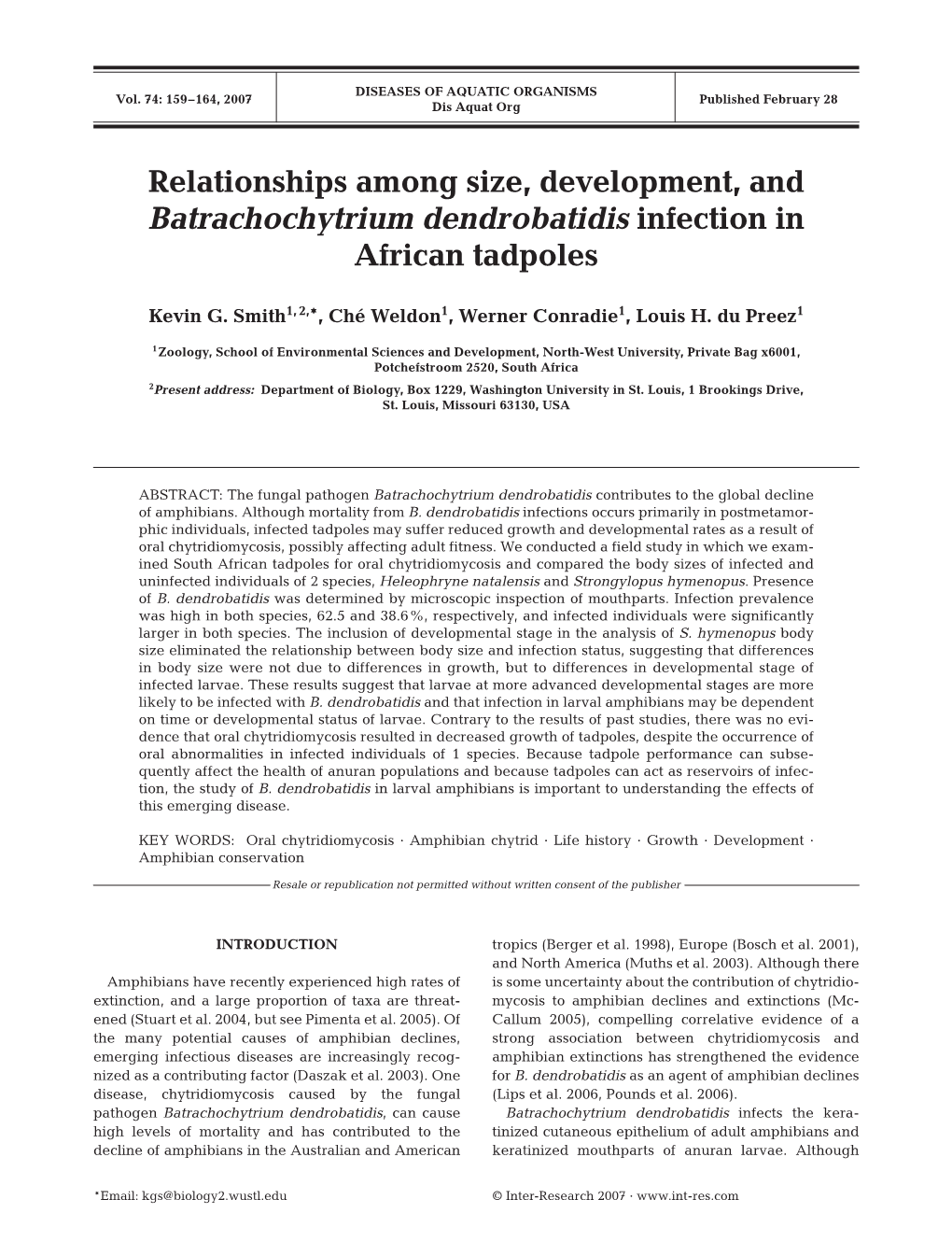 Relationships Among Size, Development, and Batrachochytrium Dendrobatidis Infection in African Tadpoles