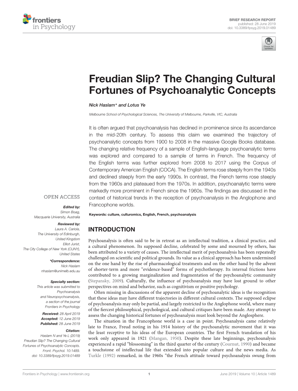 Freudian Slip? the Changing Cultural Fortunes of Psychoanalytic Concepts