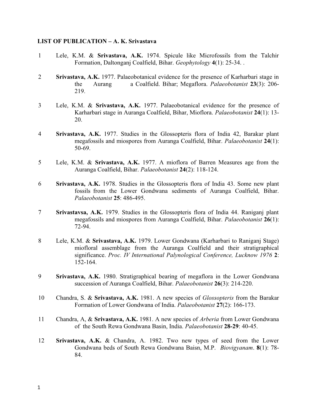 LIST of PUBLICATION A. K. Srivastava