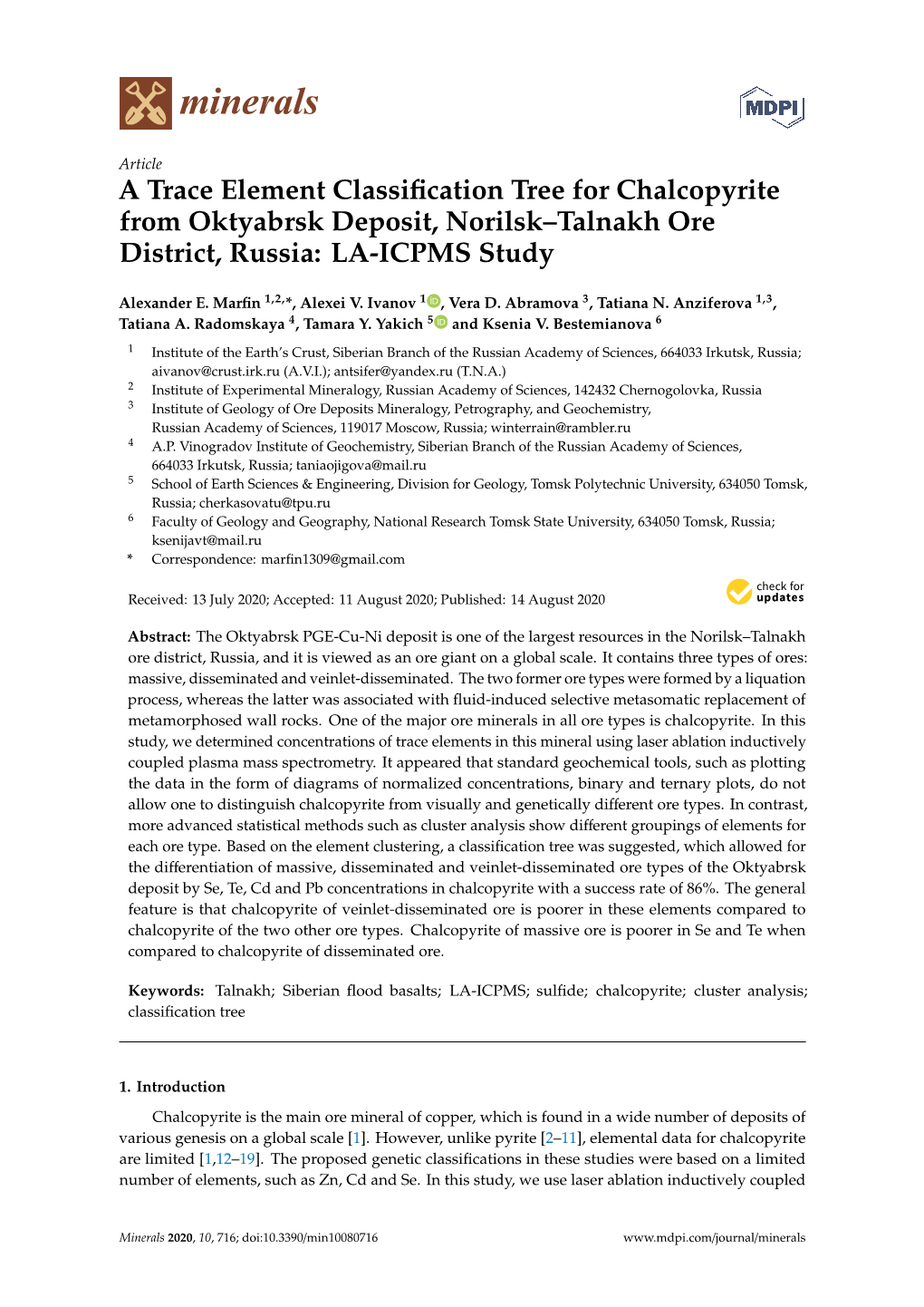 A Trace Element Classification Tree for Chalcopyrite from Oktyabrsk Deposit, Norilsk–Talnakh Ore District, Russia