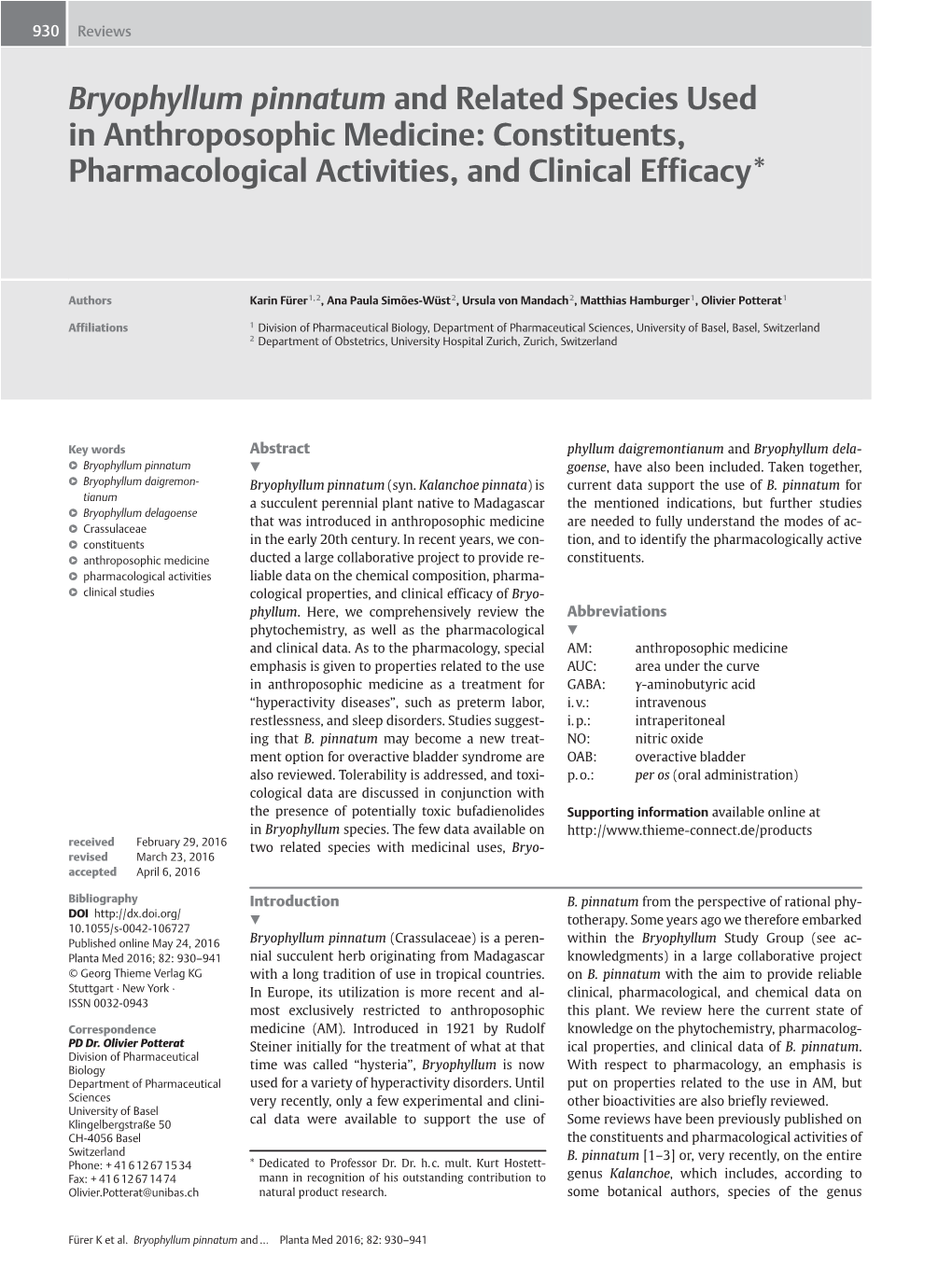 Bryophyllum Pinnatum and Related Species Used in Anthroposophic Medicine: Constituents, Pharmacological Activities, and Clinical Efficacy*