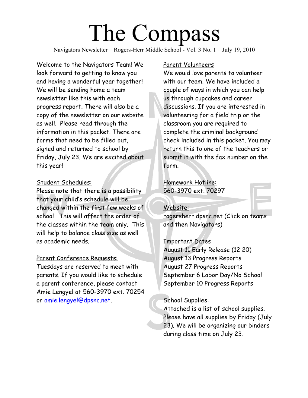 Navigators Newsletter Rogers-Herr Middle School - Vol. 3 No. 1 July 19, 2010