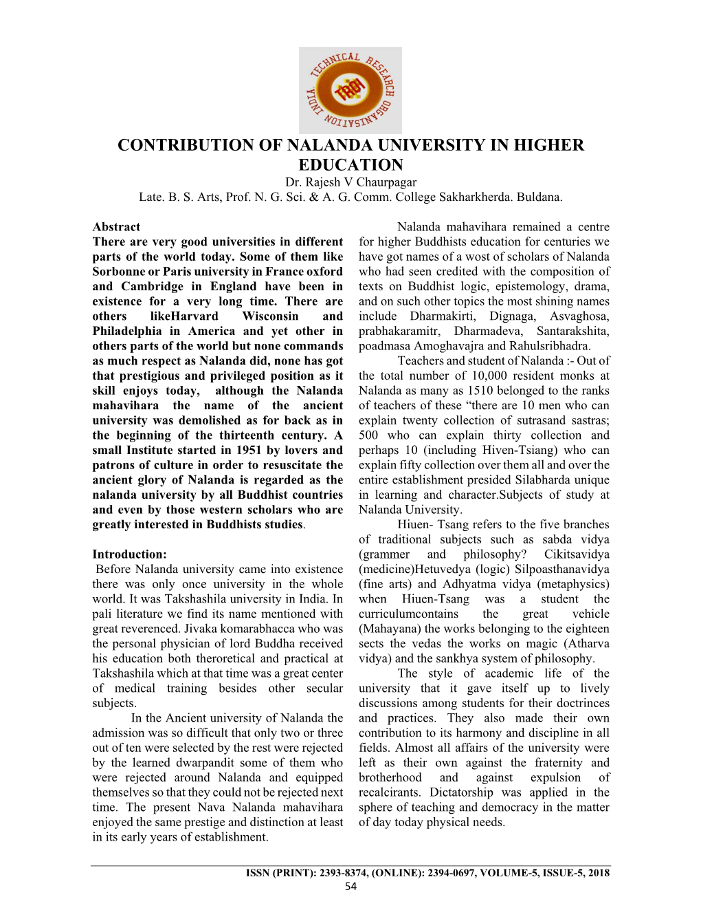 CONTRIBUTION of NALANDA UNIVERSITY in HIGHER EDUCATION Dr