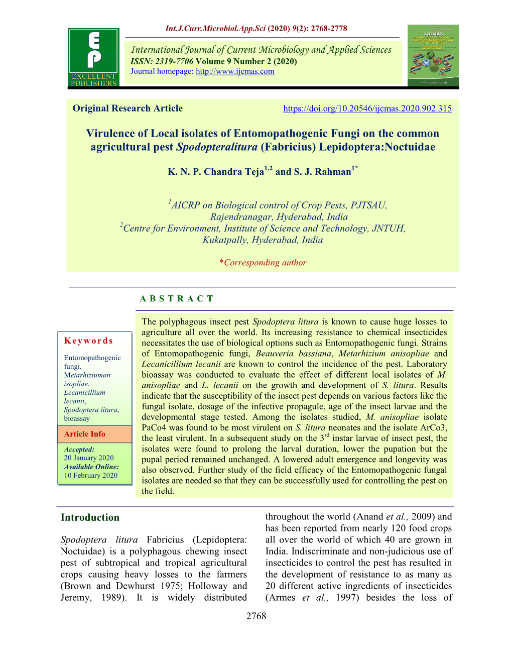 Virulence of Local Isolates of Entomopathogenic Fungi on the Common Agricultural Pest Spodopteralitura (Fabricius) Lepidoptera:Noctuidae