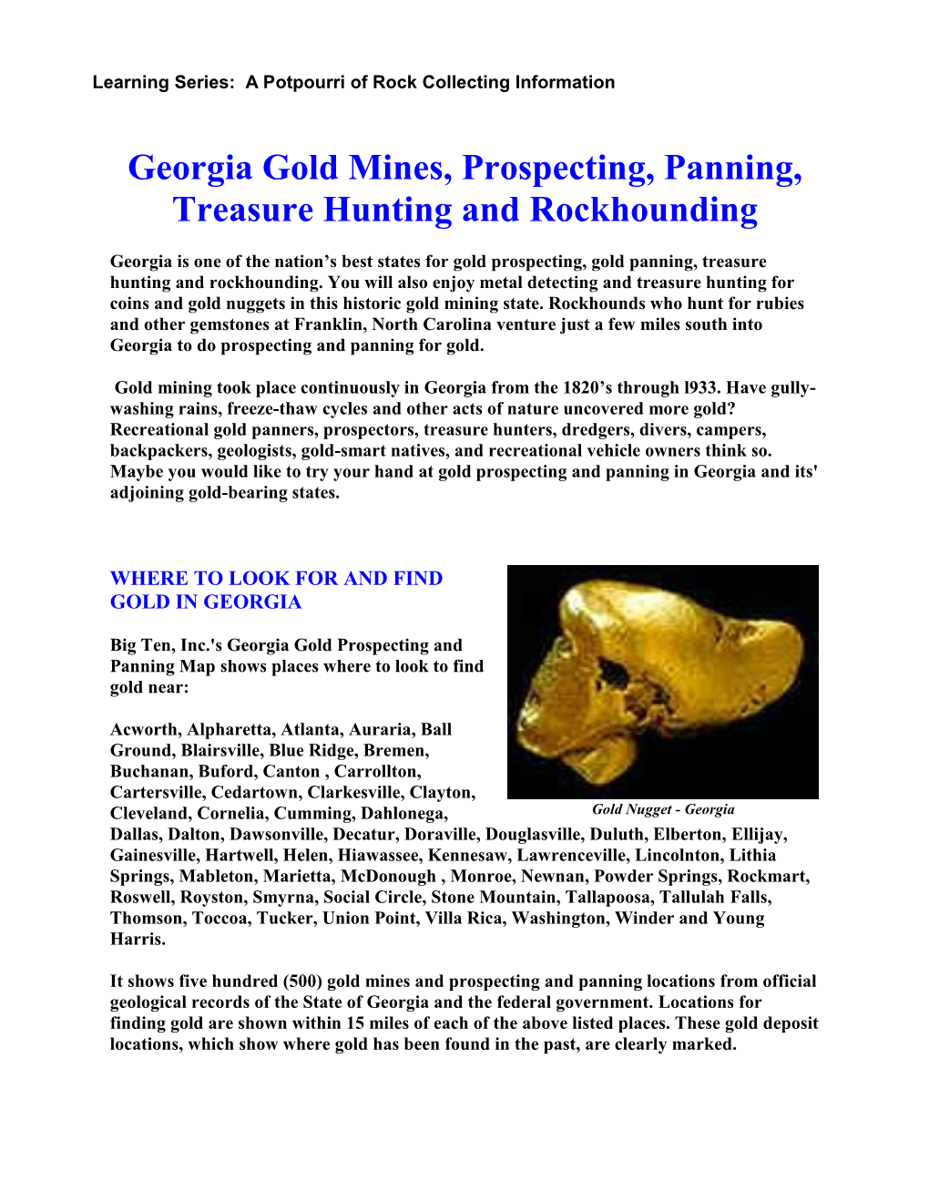 Georgia Gold Mines, Prospecting, Panning, Treasure Hunting and Rockhounding