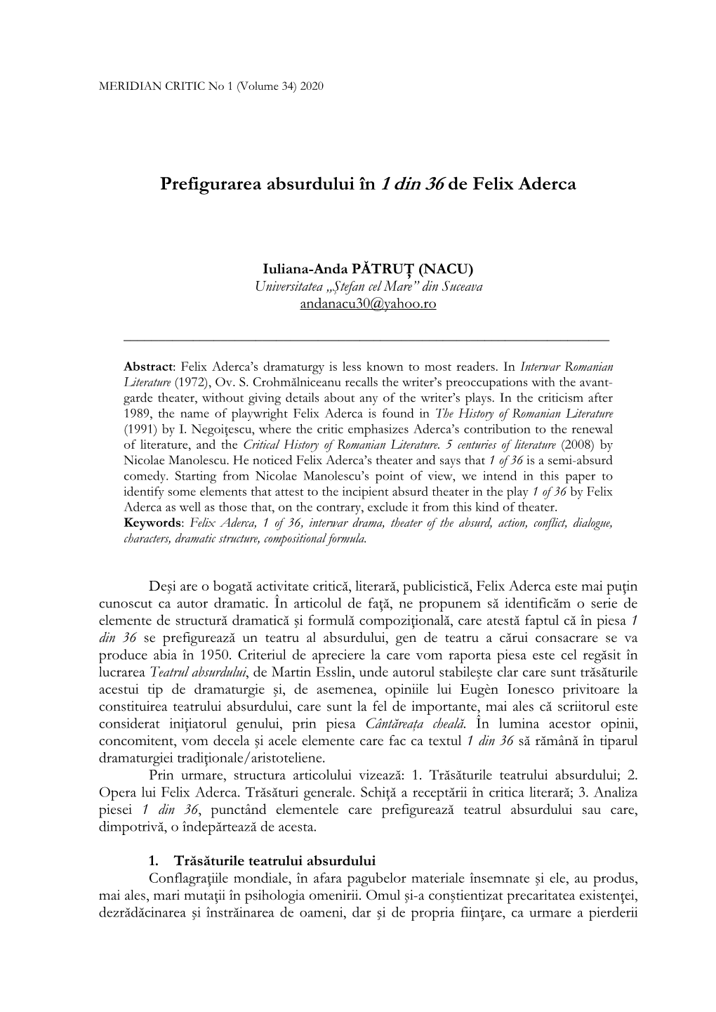 Iuliana-Anda PĂTRUŢ (NACU), Prefigurarea Absurdului În 1 Din 36