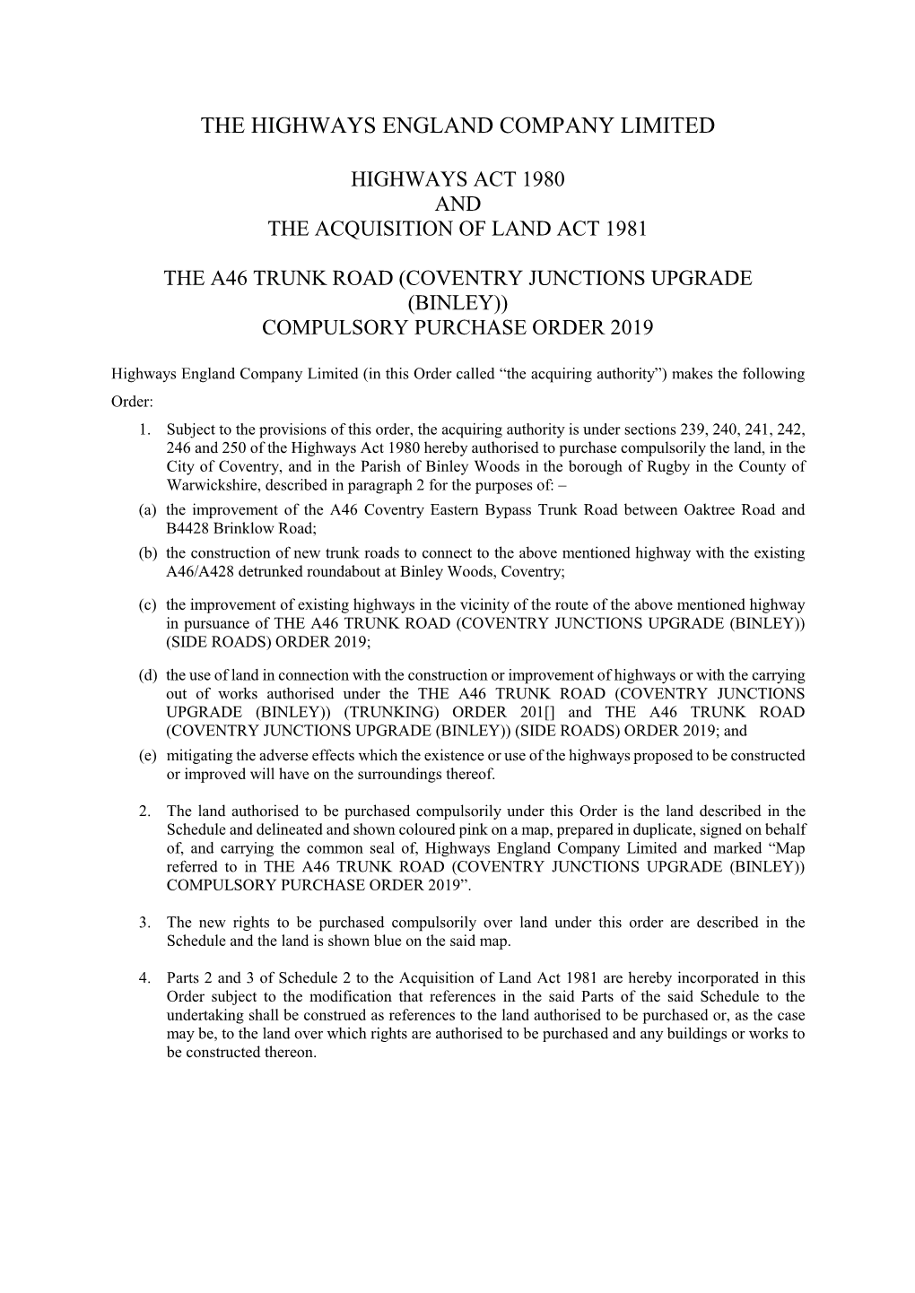 A46 Coventry Junctions Binley Compulsory Purchase Order