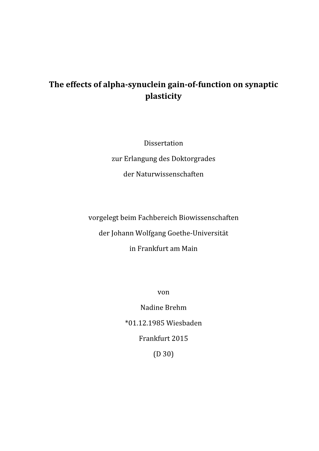 The Effects of Alpha-Synuclein Gain-Of-Function on Synaptic Plasticity