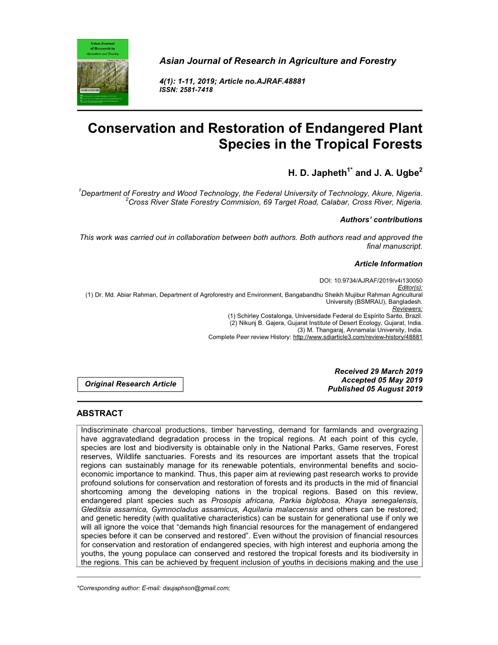Conservation and Restoration of Endangered Plant Species in the Tropical Forests