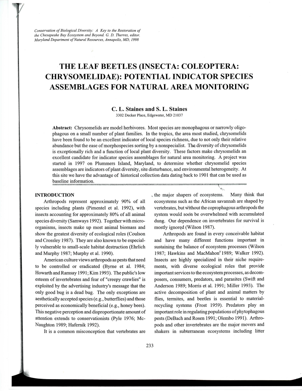 The Leaf Beetles (Insecta: Coleoptera: Chrysomelidae): Potential Indicator Species Assemblages for Natural Area Monitoring