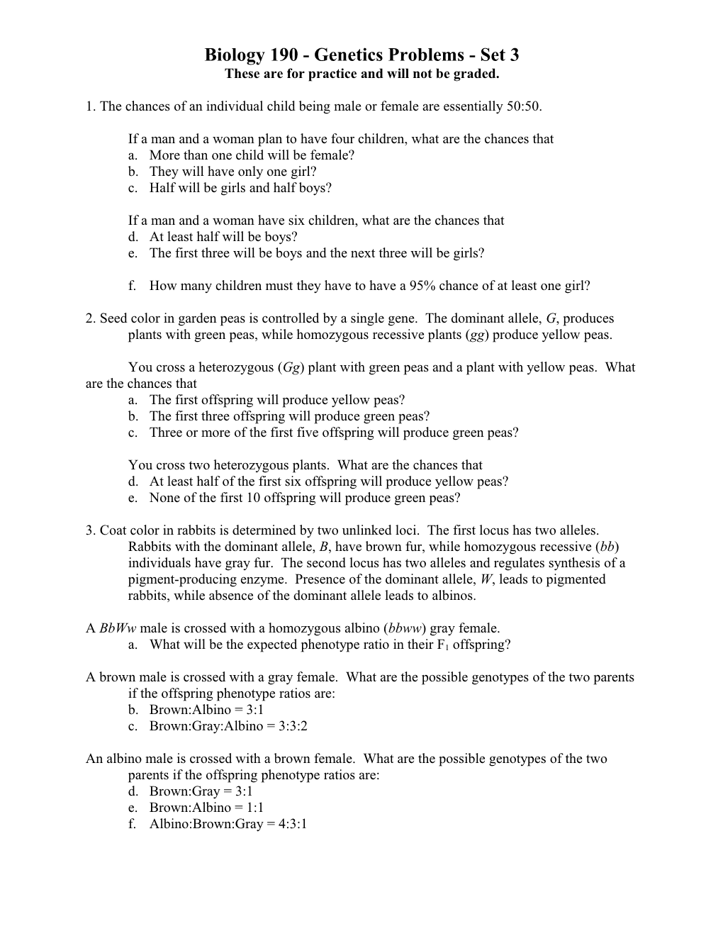 Biology 190 - Genetics Problems - Set 2