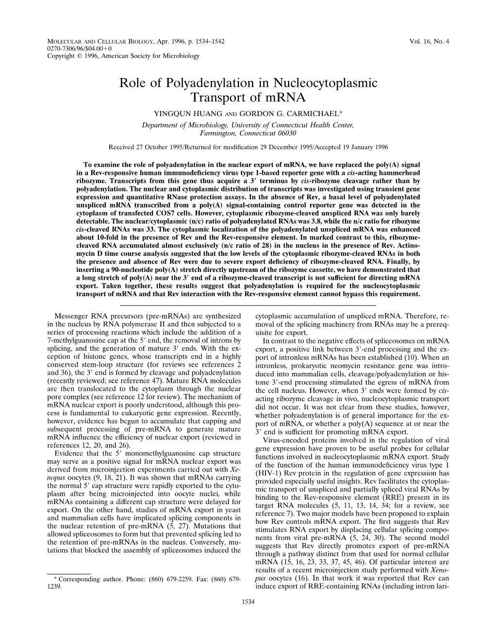 Role of Polyadenylation in Nucleocytoplasmic Transport of Mrna