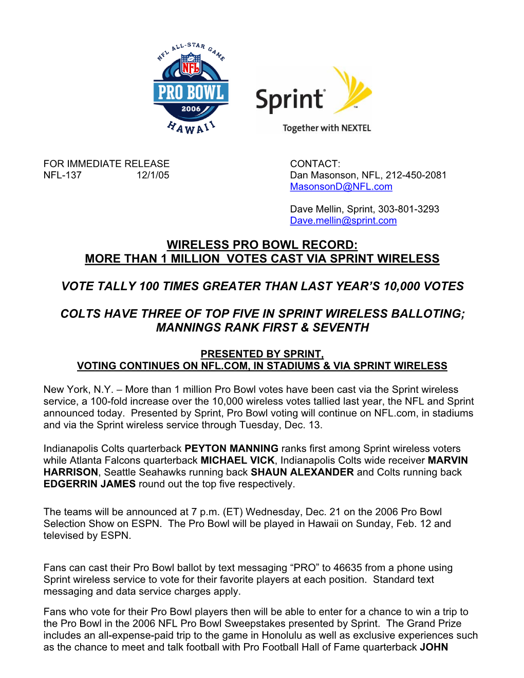 Wireless Pro Bowl Record: More Than 1 Million Votes Cast Via Sprint Wireless