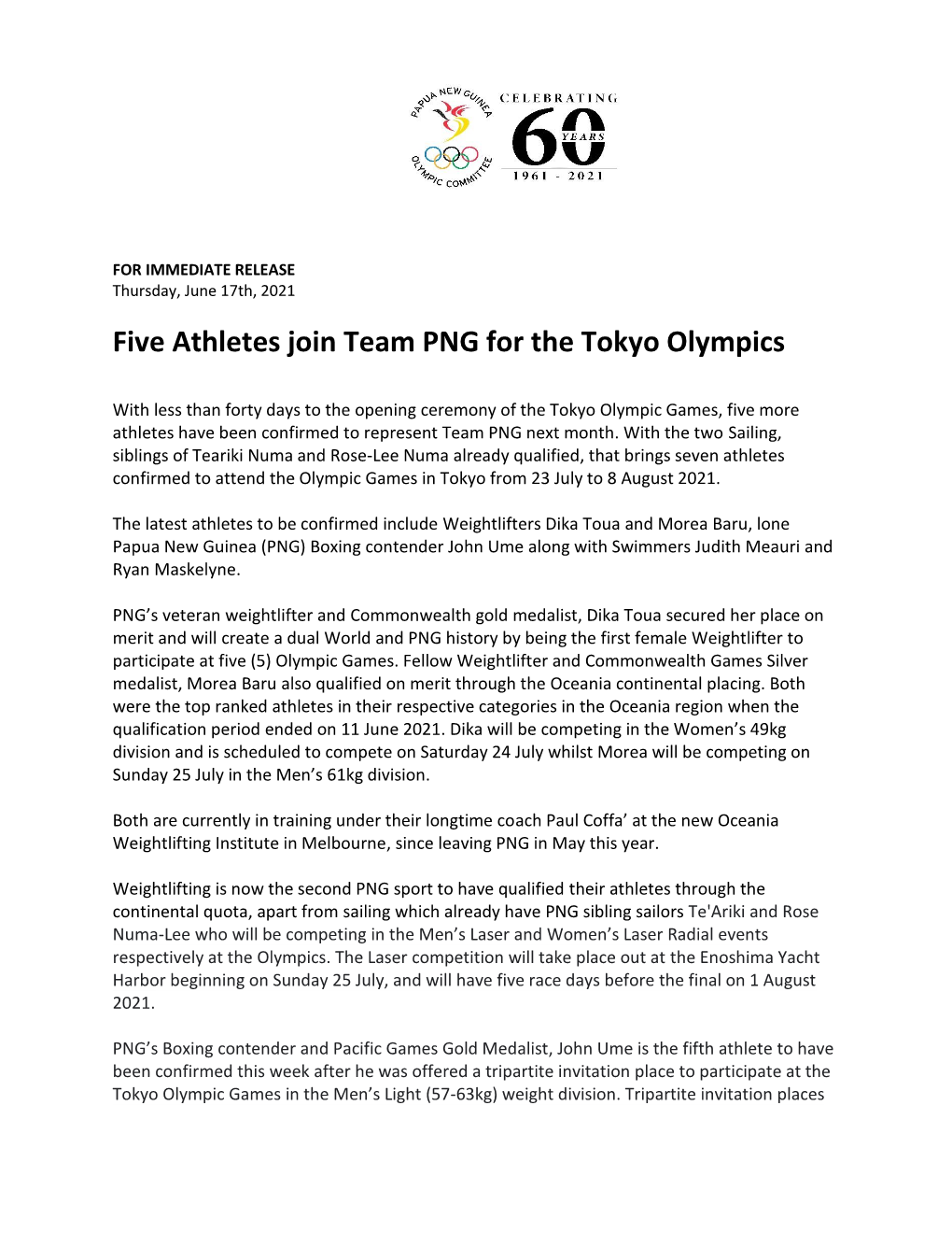 Five Athletes Confirmed to Join Team PNG to the Tokyo Olympics