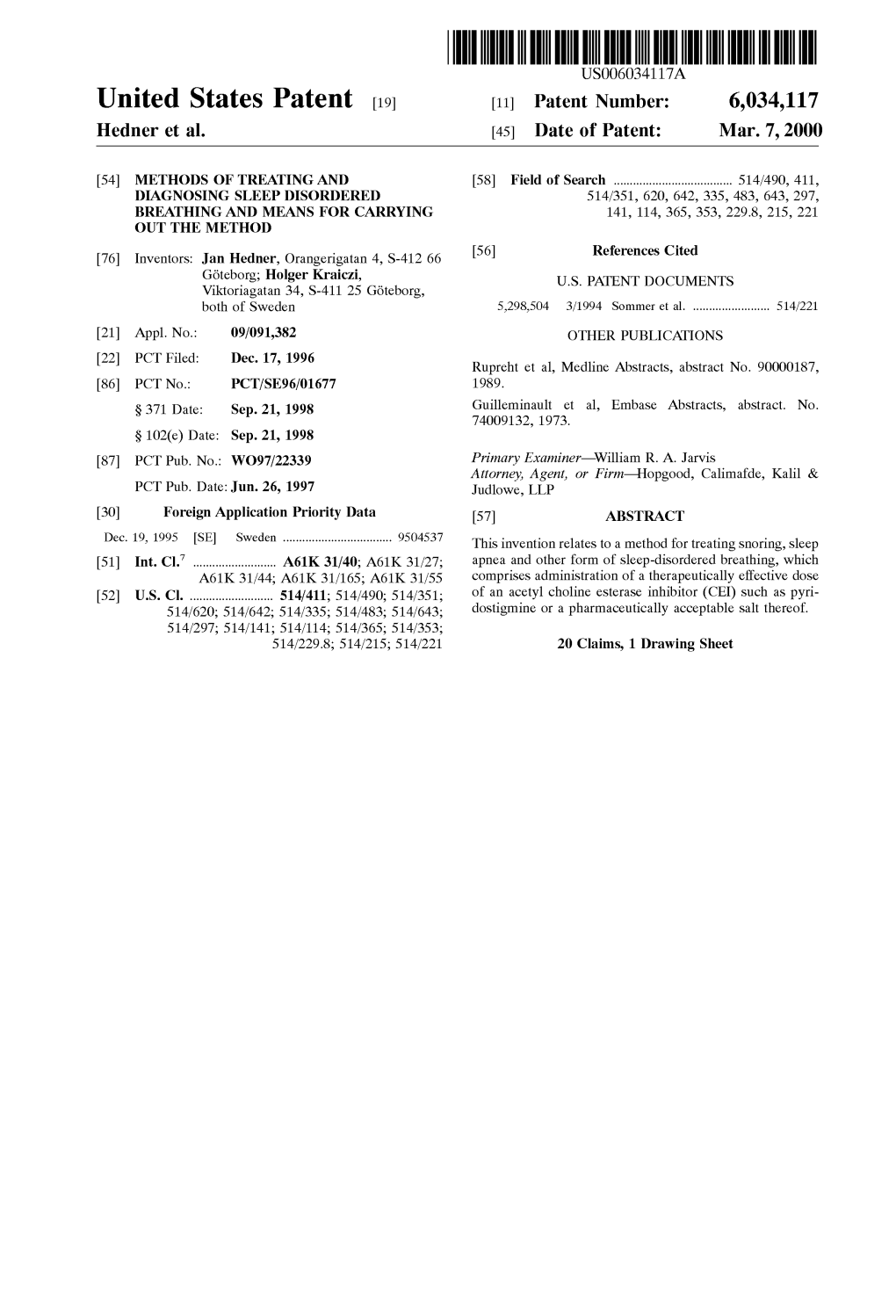 United States Patent (19) 11 Patent Number: 6,034,117 Hedner Et Al