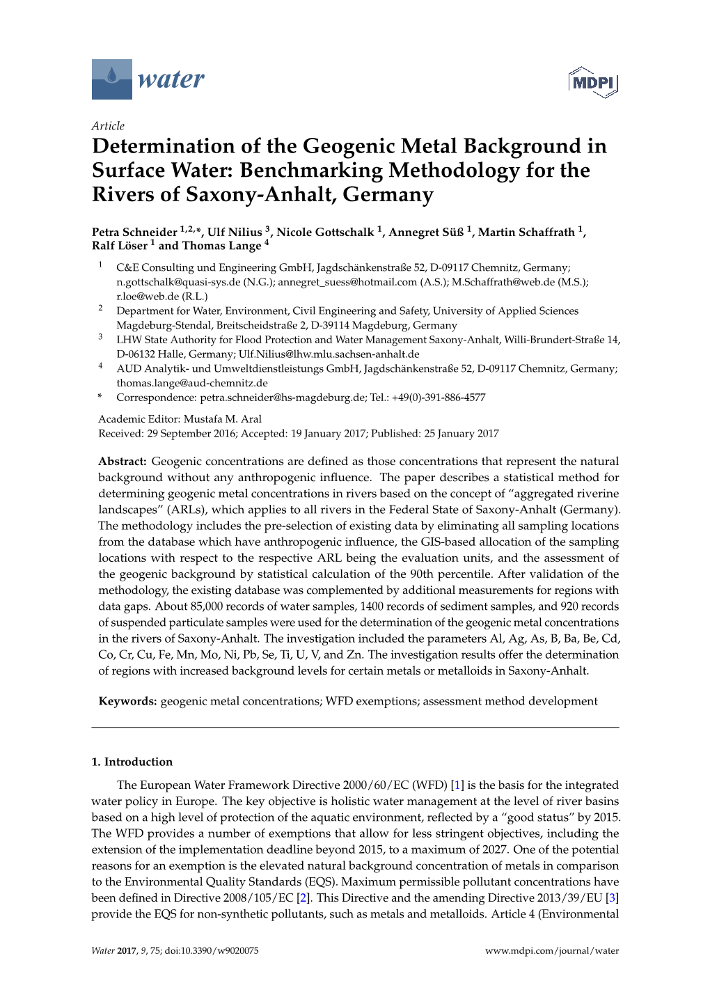 Determination of the Geogenic Metal Background in Surface Water: Benchmarking Methodology for the Rivers of Saxony-Anhalt, Germany