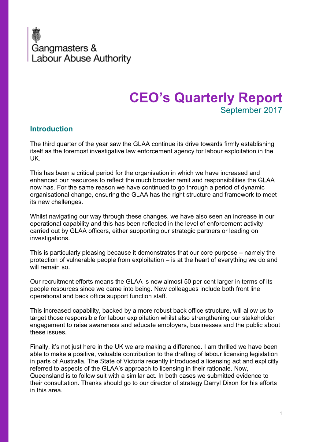 CEO's Quarterly Report
