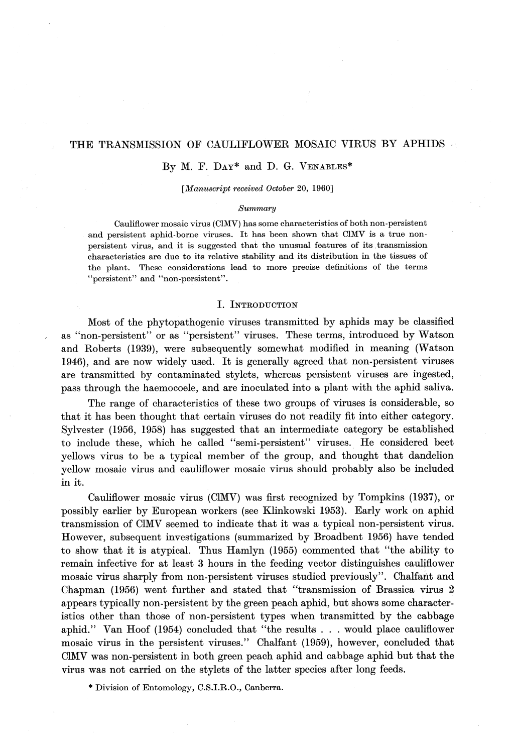 The Transmission of Cauliflower Mosaic Virus by Aphids