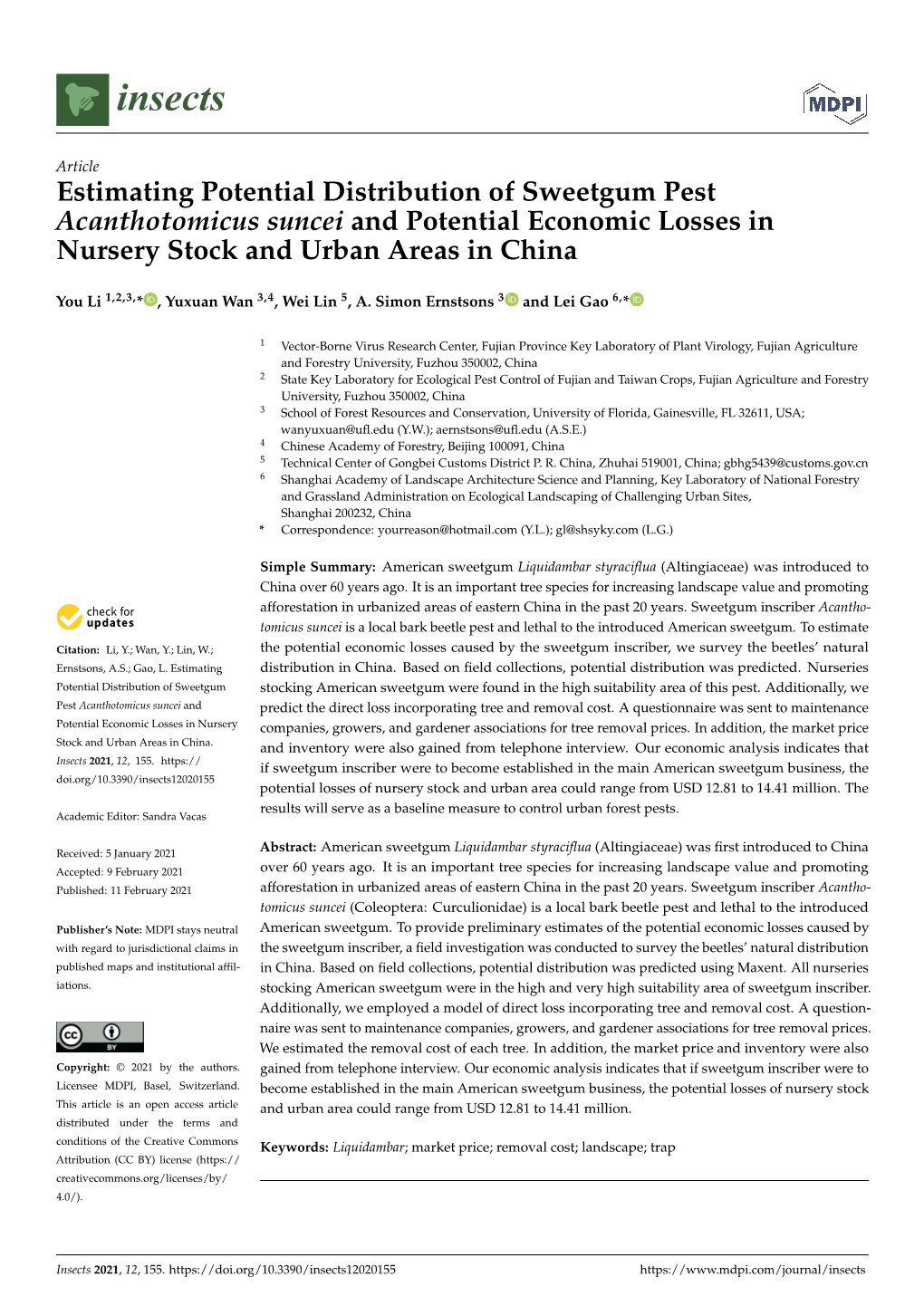 Estimating Potential Distribution of Sweetgum Pest Acanthotomicus Suncei and Potential Economic Losses in Nursery Stock and Urban Areas in China