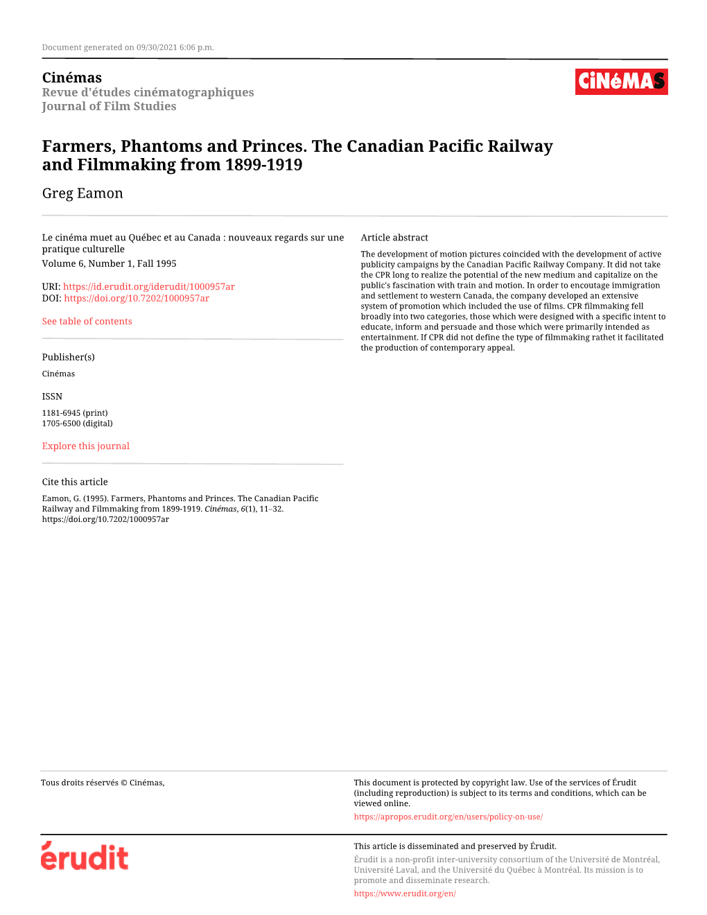 Farmers, Phantoms and Princes. the Canadian Pacific Railway and Filmmaking from 1899-1919 Greg Eamon