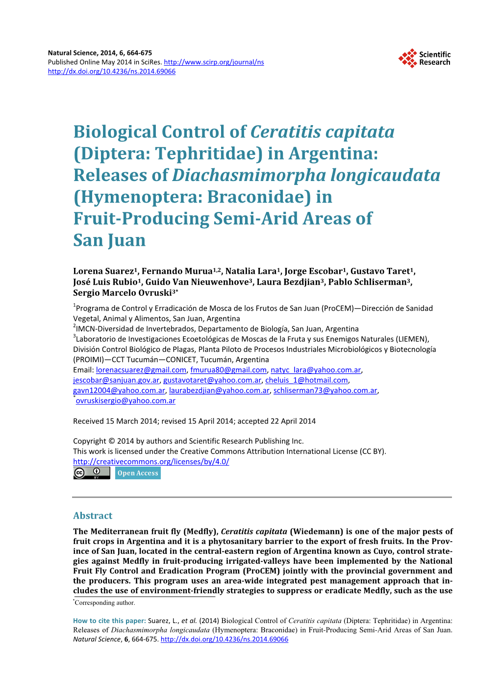 Biological Control of Ceratitis Capitata (Diptera: Tephritidae) in Argentina