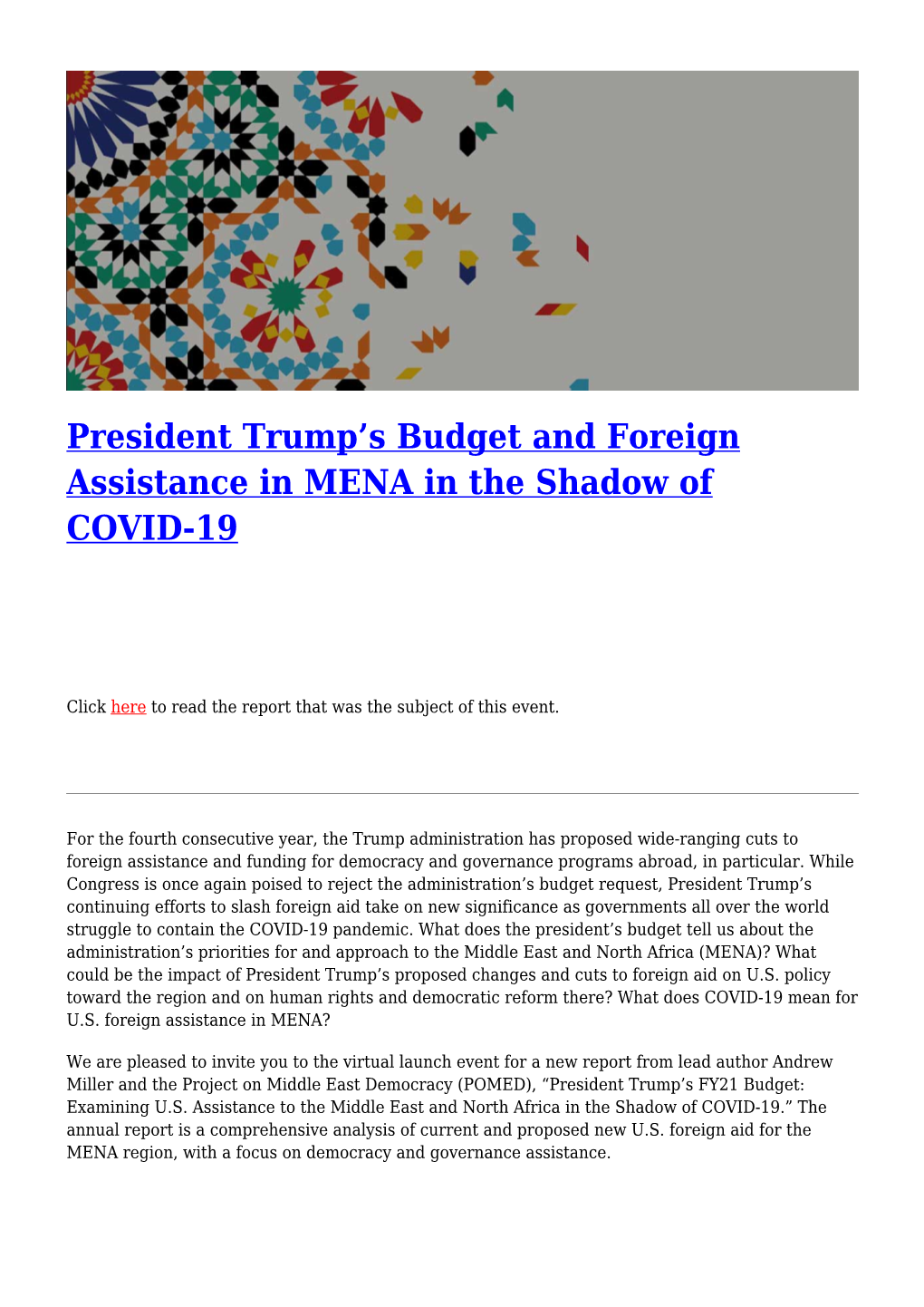 President Trump's Budget and Foreign Assistance in MENA in The