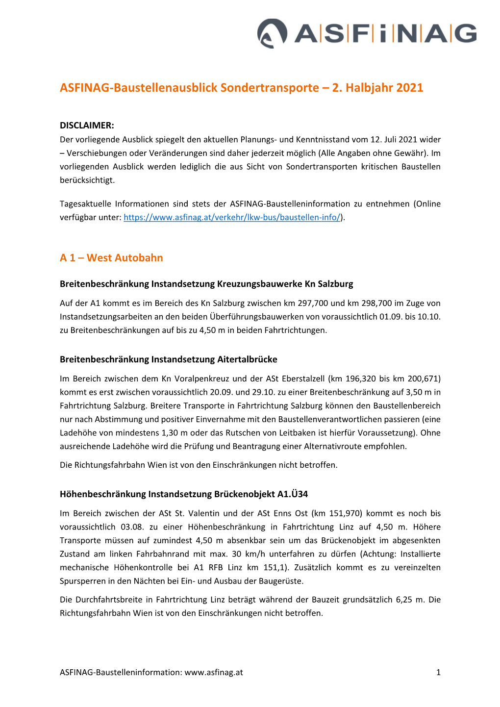 ASFINAG Baustellenausblick Zweites Halbjahr 2021