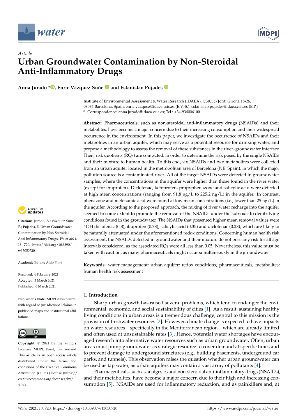 Urban Groundwater Contamination by Non-Steroidal Anti-Inflammatory