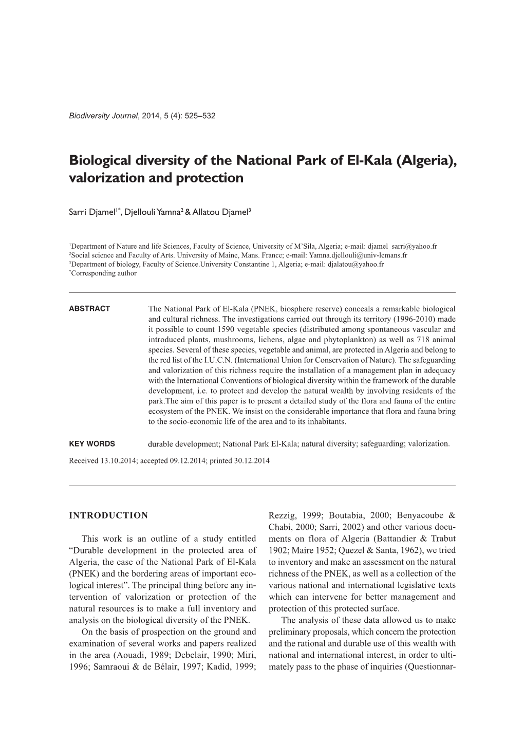 Biological Diversity of the National Park of El-Kala (Algeria), Valorization and Protection