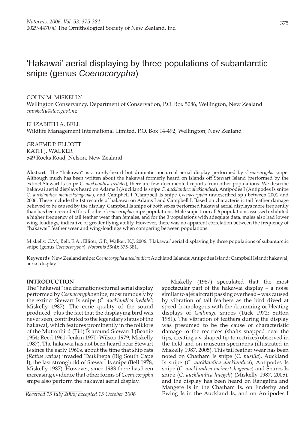 Hakawai’ Aerial Displaying by Three Populations of Subantarctic Snipe (Genus Coenocorypha)