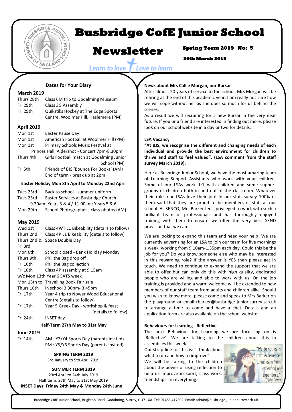 Busbridge Cofe Junior School Newsletter Spring Term 2019 No: 5 26Th March 2019